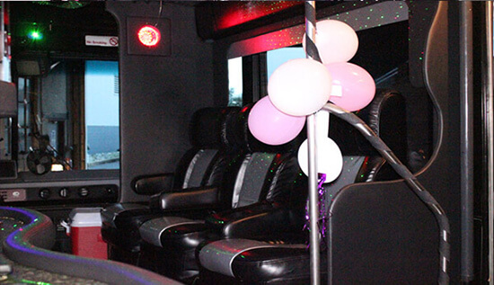 Party bus interior with leather seats