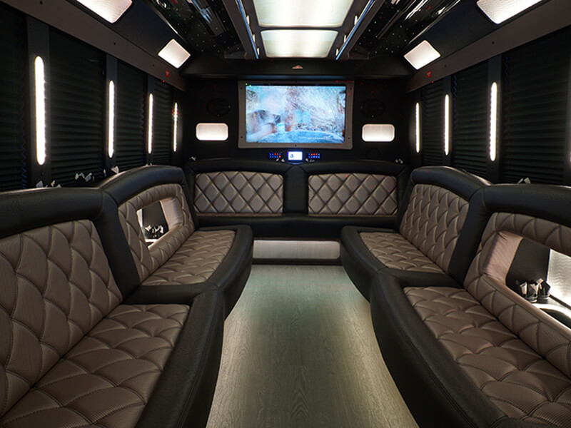 Party bus with wrap around seats